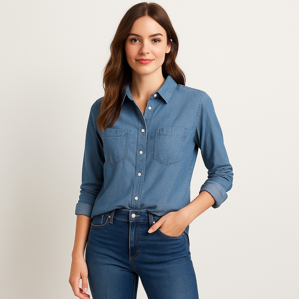 Lucky Brand Chambray Blue Button Striped Shirt Long Sleeve Shirt - Small
